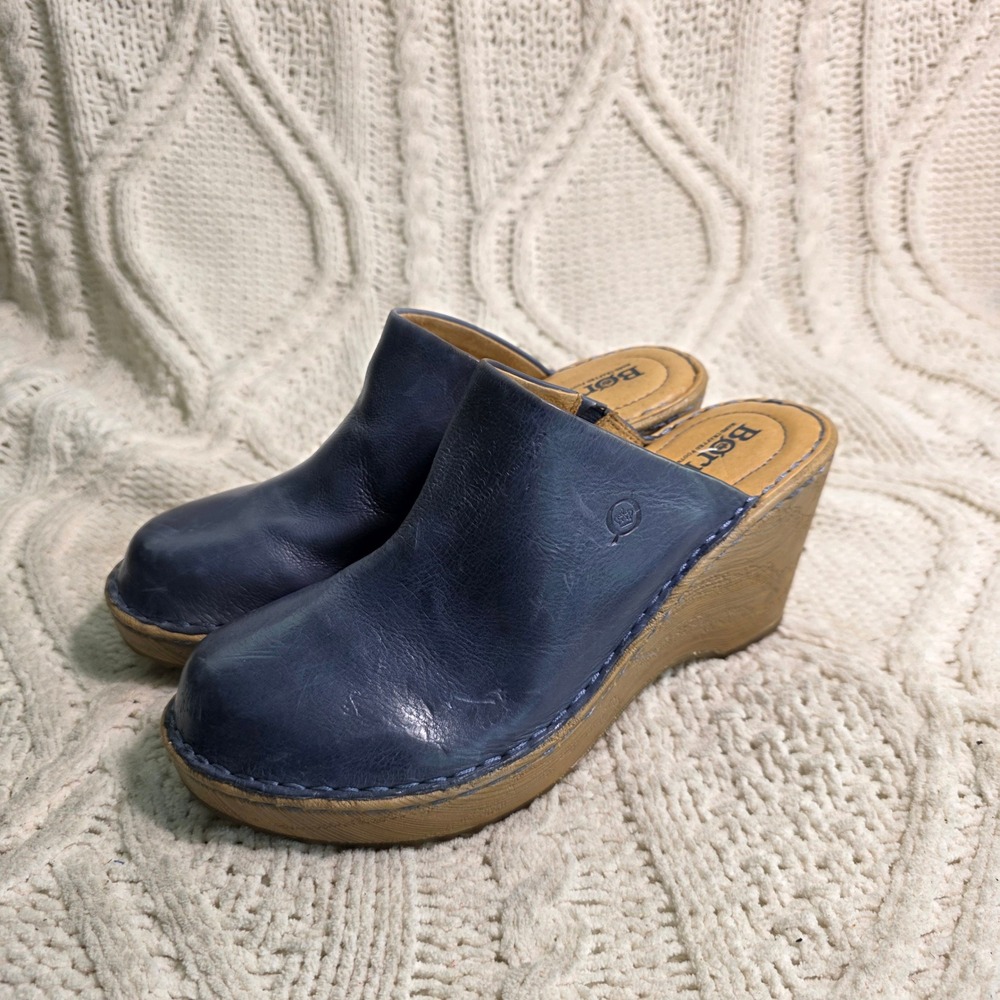 Born Navy Leather Wedge Mules with Tan Wood-Look Platform